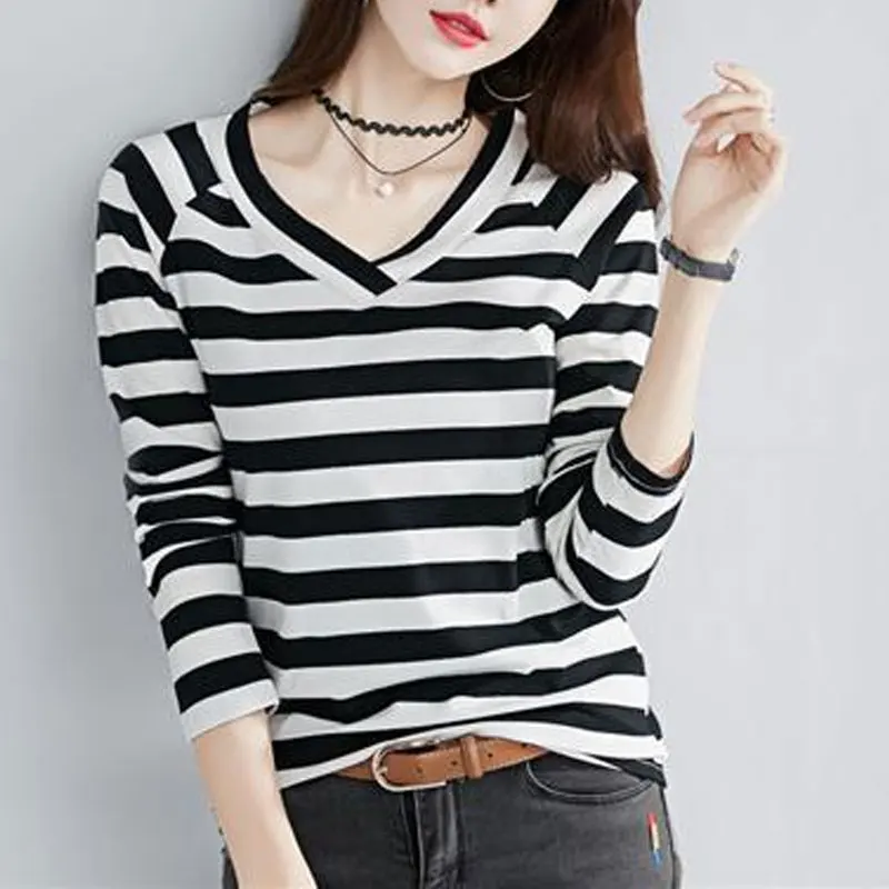 

Korean All-match Striped Slim T-shirt Female Clothing Casual V-Neck Spliced 2023 Spring Autumn New Commute Long Sleeve Pullovers