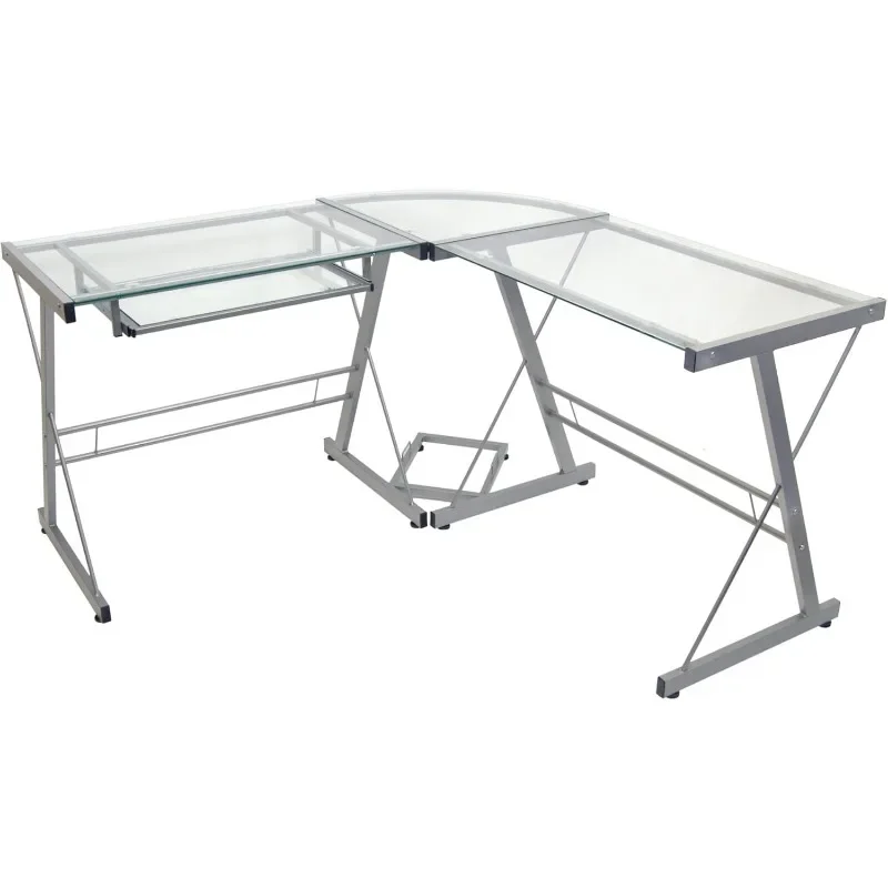 

Walker Edison Ellis Modern Glass Top Corner Gaming Table with Computer Keyboard Tray, Computer Desk Workstation with Shelves,