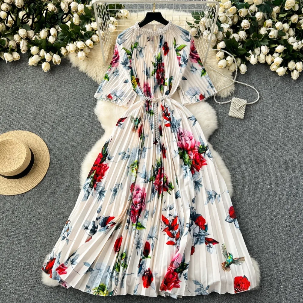 Neploe Elegant O Neck Half Sleeve Print Sweet Dress High Waist Korea Pullover Pearl Robe New Panelled Loose Pleated Moda Mujer