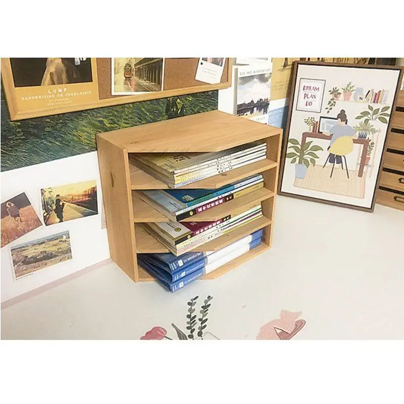 

Стоящая и лежачая небольшая многослойная стойка для хранения документов, журнальная книга, A4, бумажная настольная книжная полка для общежития, хранение из цельного дерева