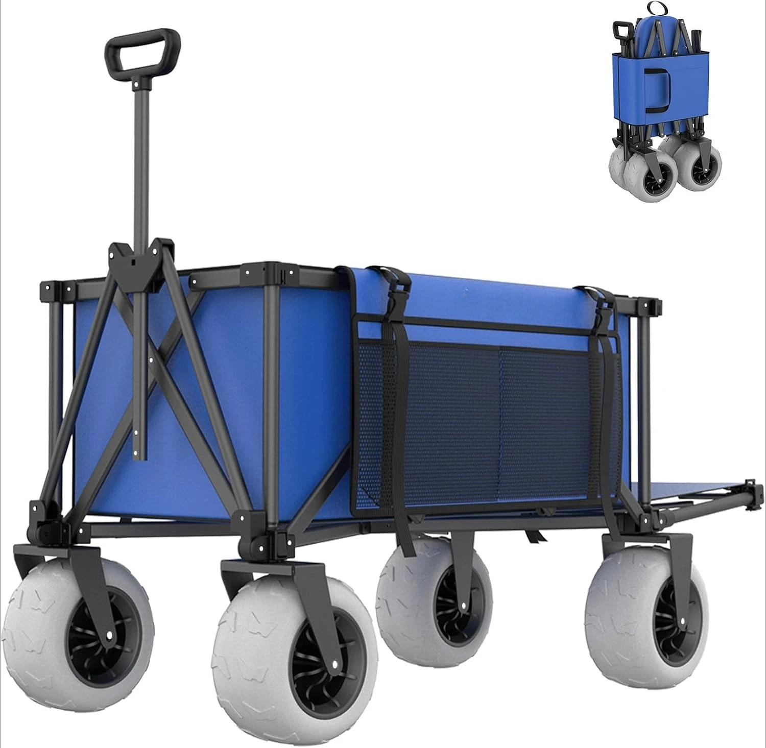 51 Inch Large Heavy Duty Beach Wagon With 9 Inch All Terrain Sand Wheels Collapsible Trolley Cart With Rear Tailgate Big Capacity Storage Basket Outdoor Camping Fishing Utility Trailer Blue