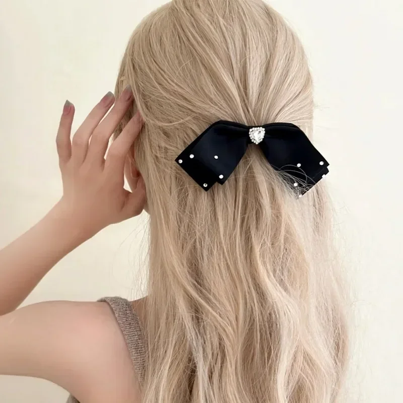 Korean Bow Hairpins for Girl Satin Bow Hairpin Crystal Rhinestone Temperament Ponytail Clip Spring Clip Back White Head Top Clip