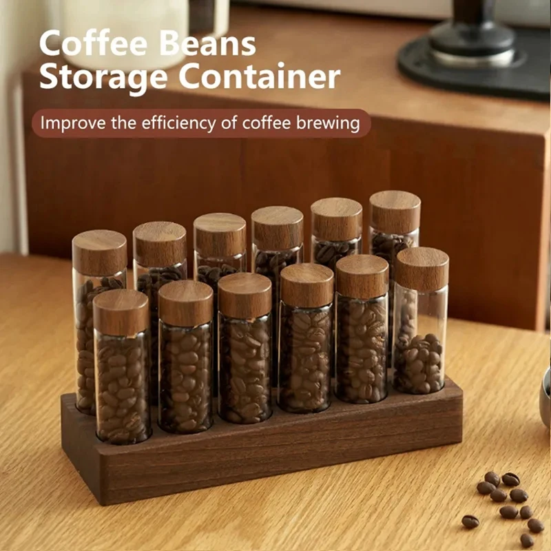 Coffee Beans Storage Container Coffee Tea Test Tube Glass Bottle With Walnut Display Rack Espresso Coffee Accessories