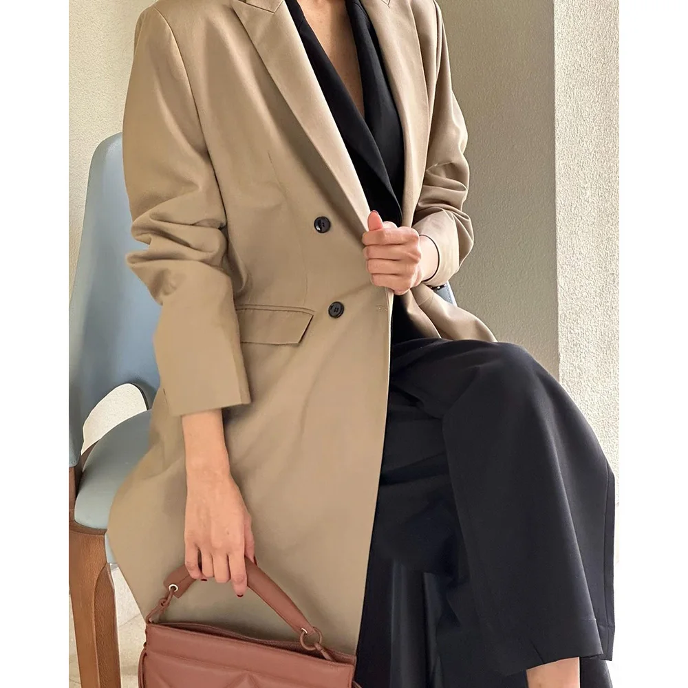 Luxury Khaki Doubel Breasted Long Women Suits Flat High Quality Outfits Elegant Female Business Outfits 1 Piece Jacket 2024