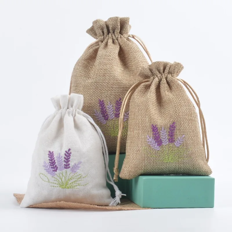 

5pcs 10x14cm/13x18cm Embroidery Printed Lavender Imitation Hemp Linen Bag Wedding Party Gift Packaging DIY Garment Accessories