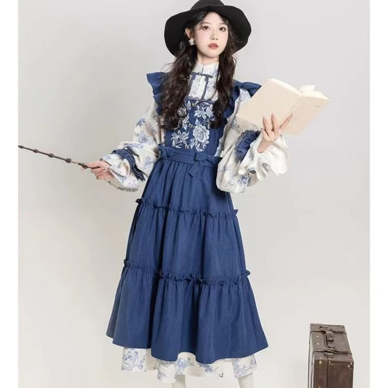 

Elegant Y2K Lolita 2-piece Set Gothic New Chinese Stand-up Neck Long Shirt Embroidered Small Flying Sleeve Skirt Women's Hanfu