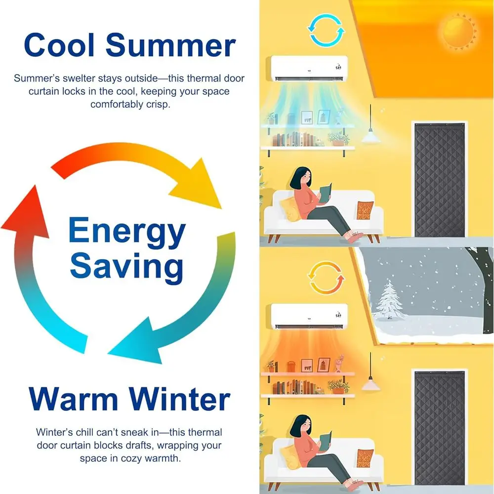 Winter Insulated Door Curtain - Grey, 36W x 86L, Oxford Cloth, Side Open, Windproof, Soundproof, Durable Divider