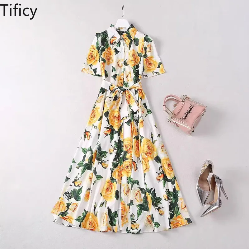 TIFICY High Quality Cotton Women's Summer New Yellow Rose Positioning Print Age Reducing Elegant Intellectual Daily Dress