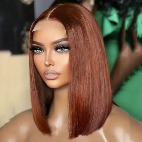 Debut Short Brown Color Bob Wig Peruvian Straight Lace Front Human Hair Wigs For Women 33 Reddish Brown 13*6*1 T Lace Part Wig