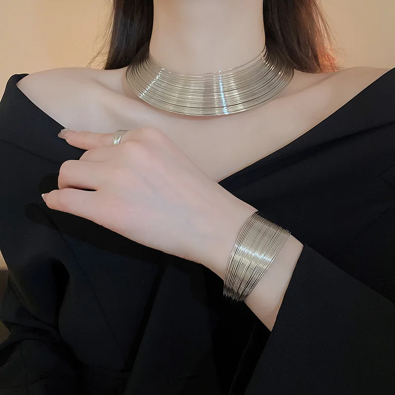New 4 Pcs Metal Gold Color Geometric Multi-layer Necklaces for Women Heavy Industry Bangles Round Earrings Fashion Jewelry Set B