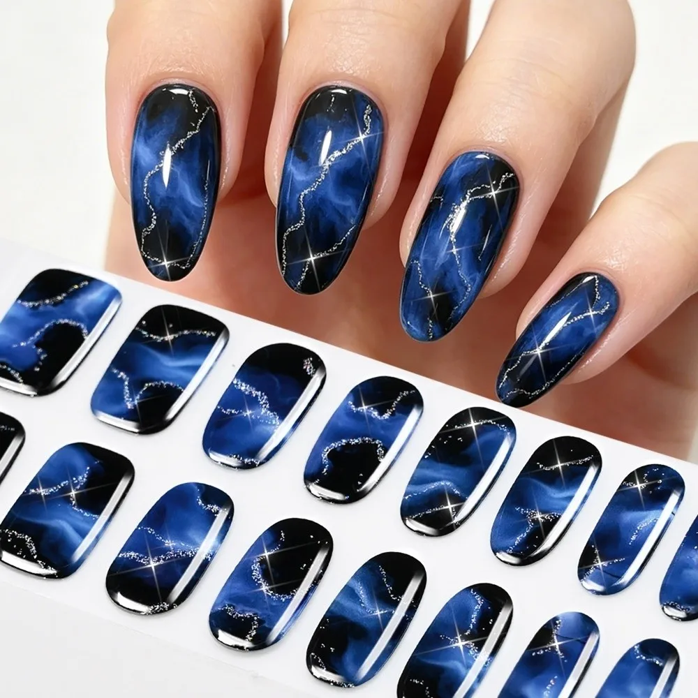 16 Tip UV Polish Nail Strips Self-Adhesive Watercolor Smudge Manicure Stickers 3D Glitter Marble Baking-Free