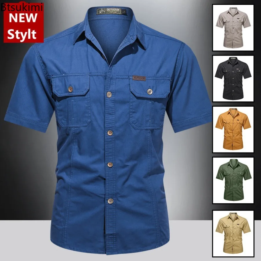 2026 Summer Quick Dry Short Sleeve Cargo Shirts for Men Breathable Cotton Workwear Shirt Men Outdoor Casual Tactical Hiking Tops