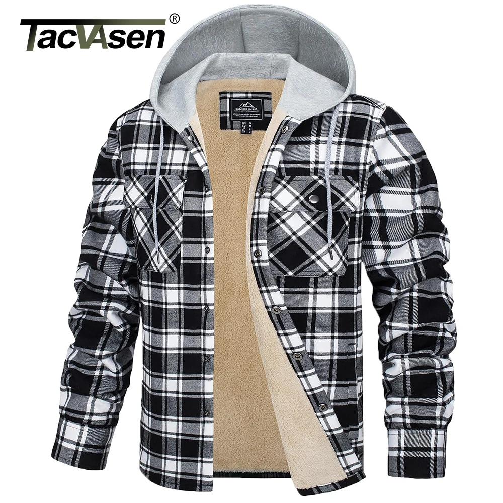 TACVASEN Men\'s Flannel Shirt Jackets Cotton Soft Fleece Lined Button Down Plaid Quilted Winter Hooded Coats Thick Hoodie Outwear