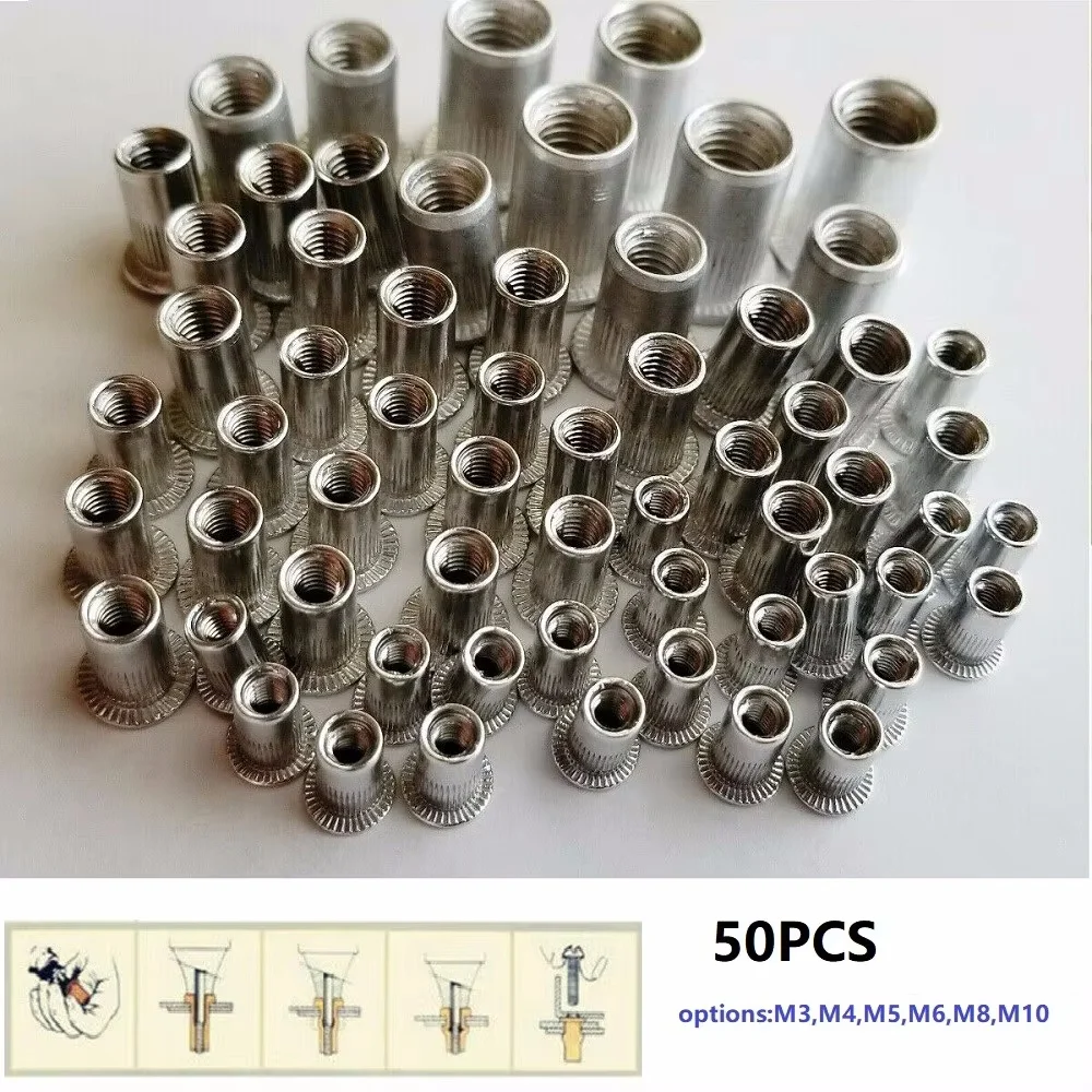 50 ชิ้น Rivet Nut M3-M12 ด้าย 304 สแตนเลสสตีลแบนหัว Rivet Nut ใส่ Nut มือ Rivet Nut หัวปืนคู่มือ Riveter ชุดเครื่องมือ
