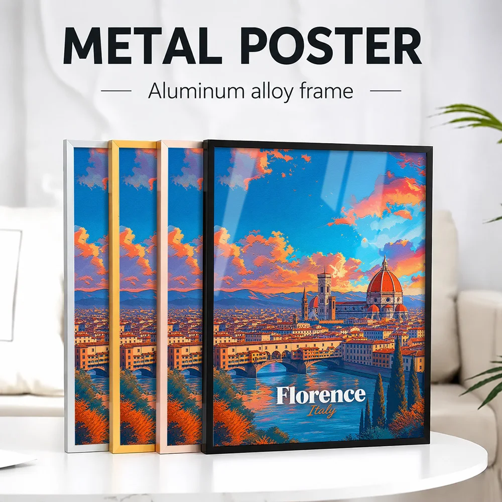 Florence Italy Sunset Travel Framed Metal Print Customized Photo Minimalist Landmark Style Wall Art For Entryway Vacation Gift