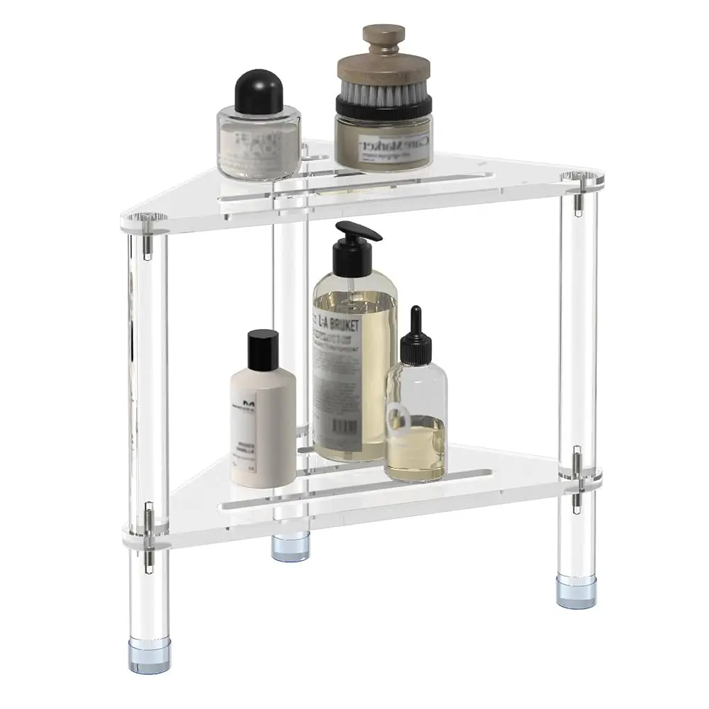 

Acrylic Corner Shower Stool For Shaving Legs 11.42"" D X 11.42"" W X 14.37"" H, Triangle Shower Foot Rest With Storage Shelf,