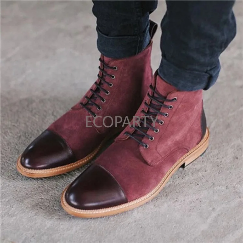 2023 Autumn Flat Bottom Slope Heel Pointed Combination Fabric Lace Up Panel Versatile Casual Vintage Men\'s Short Boots Martens