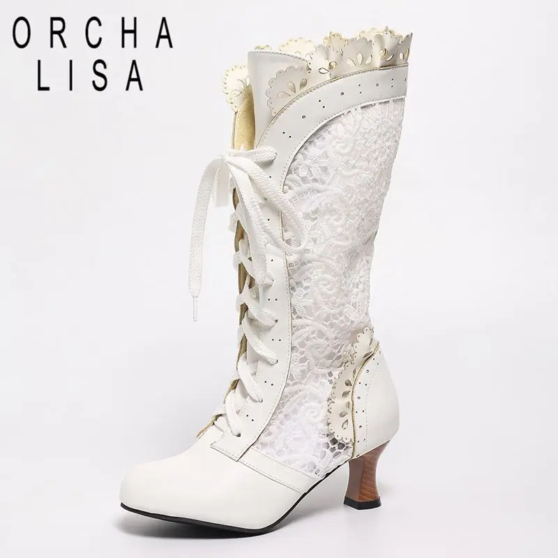 

ORCHA LISA 2025 Летние женские ботинки с круглым носком, 6 см, массивный каблук, шнуровка, дышащая сетка, большие размеры 46 47 48 Ботинки до середины икры для свиданий