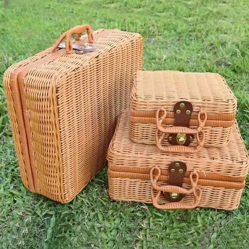 Retro Rattan Suitcase Handmade Wicker Picnic Storage Basket Travel Camping Food Snack Luggage Container Straw Woven Suitcase