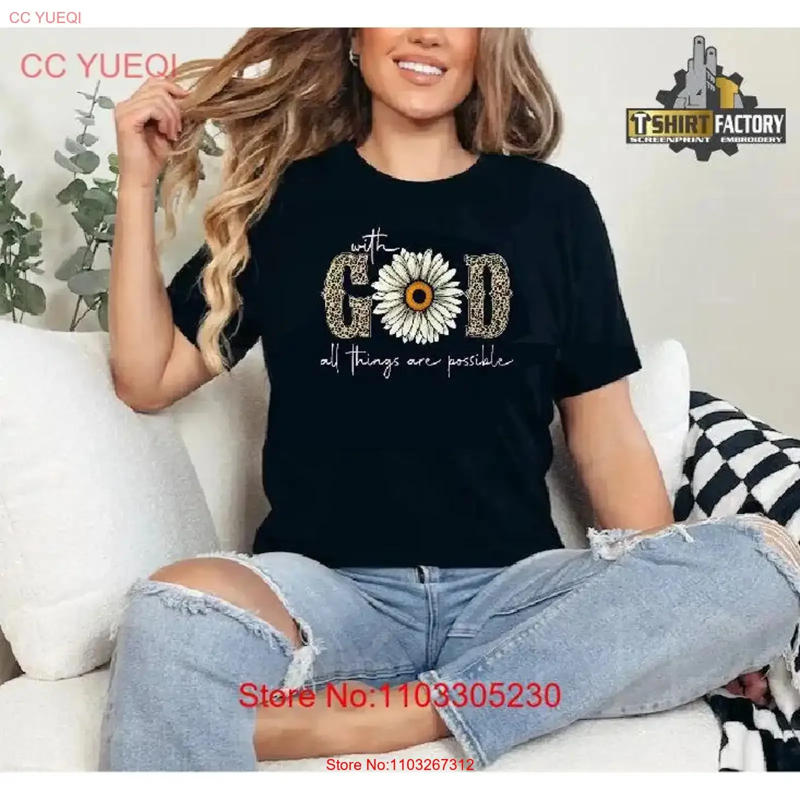 Mit Gott sind alle Dinge möglich. Sonnenblumen-T-Shirt, religiös, inspirierend, christlich, Vintage, gewaschen, bequeme Streetwear