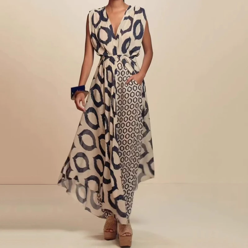 

Fashion Two-piece Suits Women's Elegant Casual Printed Sleeveless V-Neck Lace-up Backless Slim Top and High Waist Pants Suit