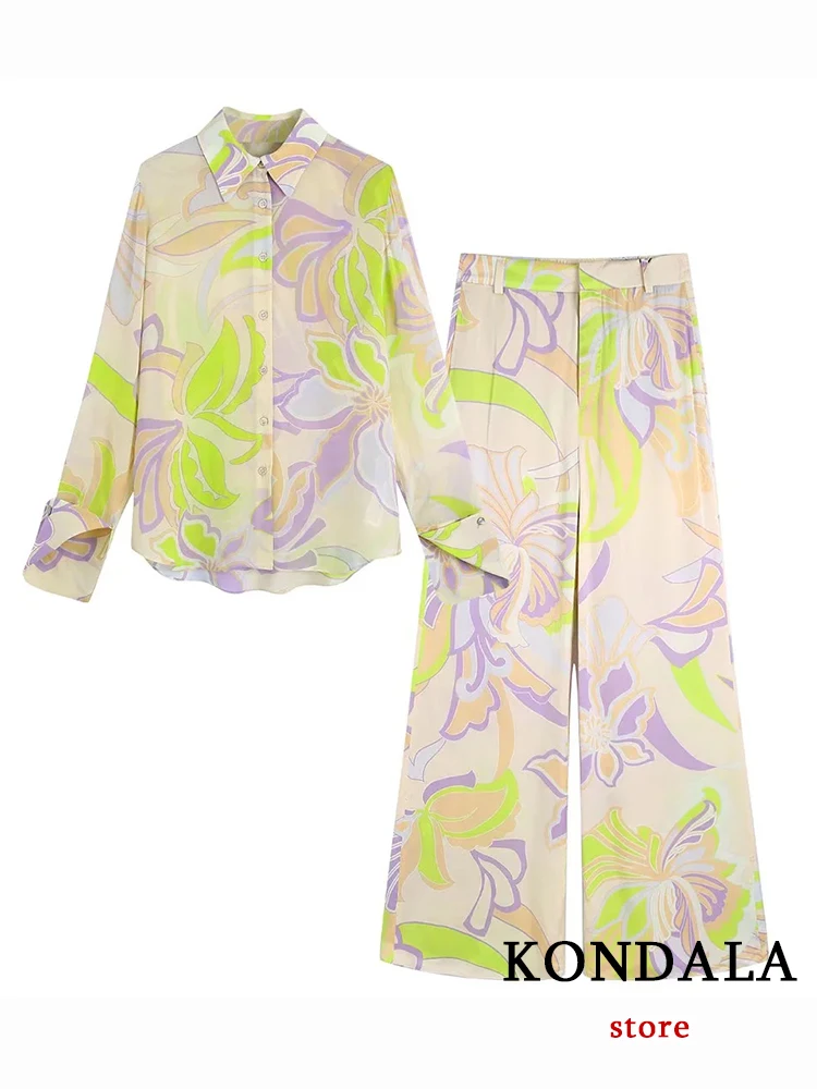 KONDALA Vintage Beach Style Tie Dye Satin Women Suits Long Sleeve Loose Shirts+High Waist Wide Leg Pants Fashion 2024 Women Sets