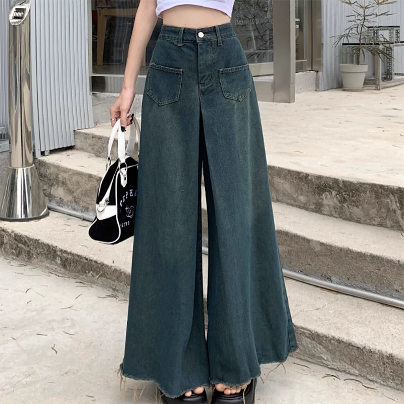 Women's Vintage High-Waisted Jeans with Raw Edges, Loose Wide-Leg Long Jeans, Casual Clothing, Elegant Design, Spring, Summer