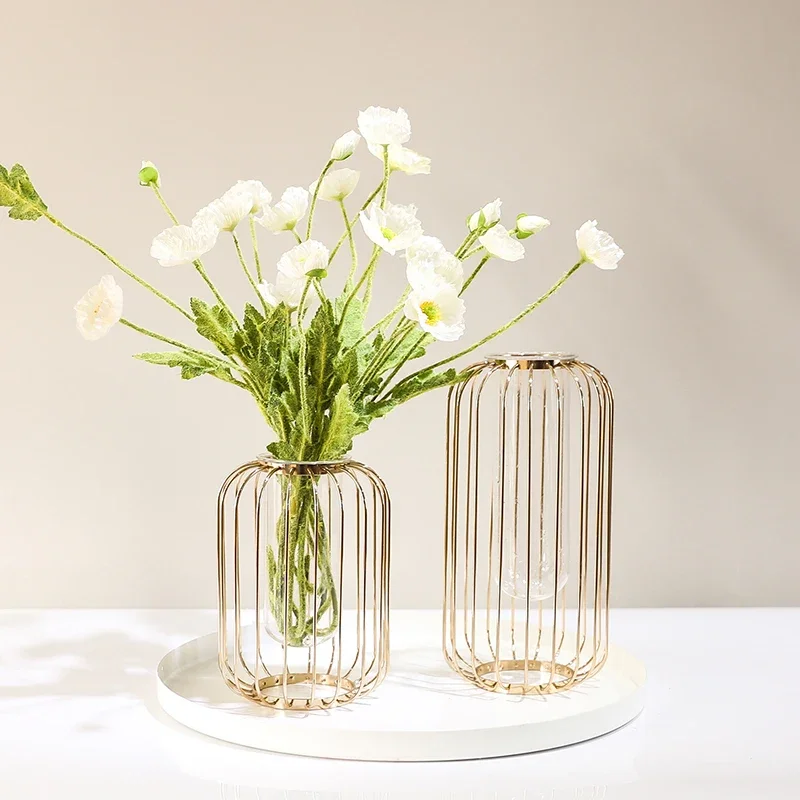 Tube Glass Vase For Living Room Modern Ornaments Metal Rack Vases Home Decoracion Hogar Moderno