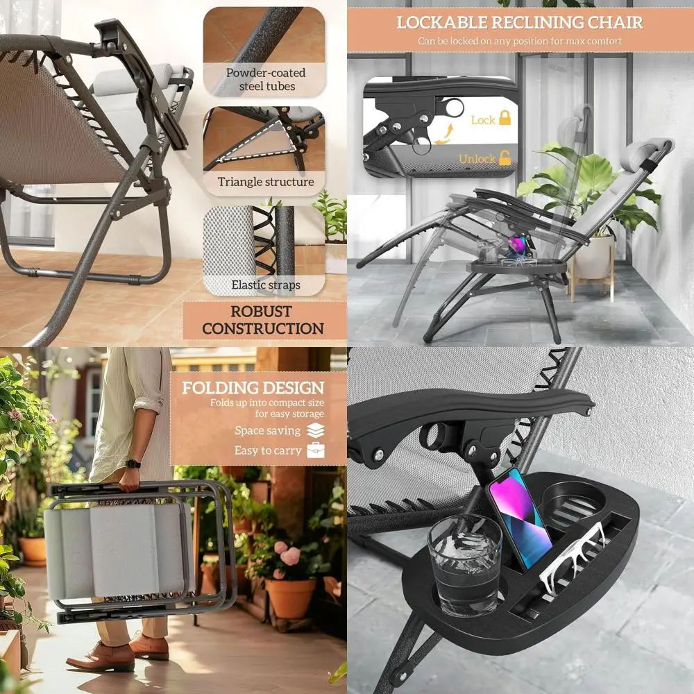 

Pair of Reclining Zero Gravity Outdoor Loungers with Cushions, Drink Holders, Ideal for Patio or Beach, Light Gray