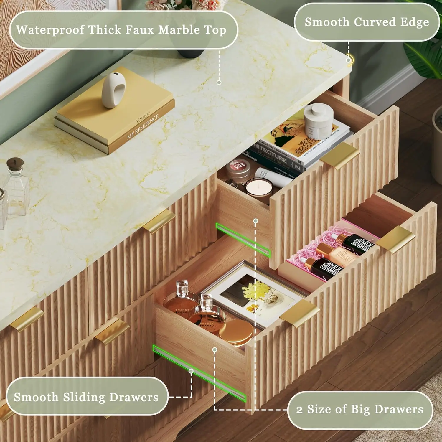 Cômoda para quarto com 7 gavetas, cômodas modernas de 53 '' com tampo de mármore falso, cômodas de meados do século com alça dourada e