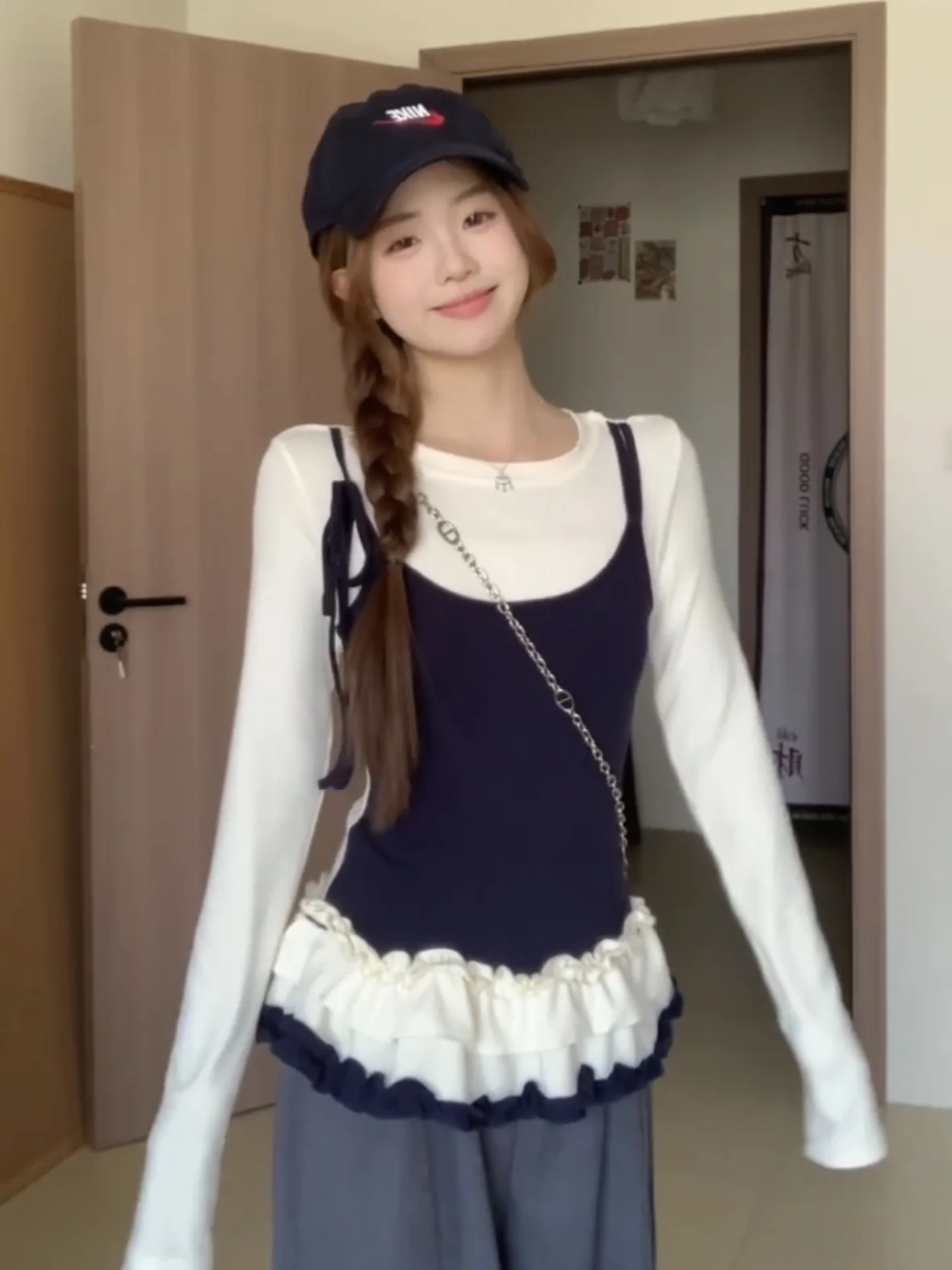 

Trendy Korean Sle Long Sve Knot Tie Dotted Patchwork Women's T-irt Commute Faion Autumn Winter Top