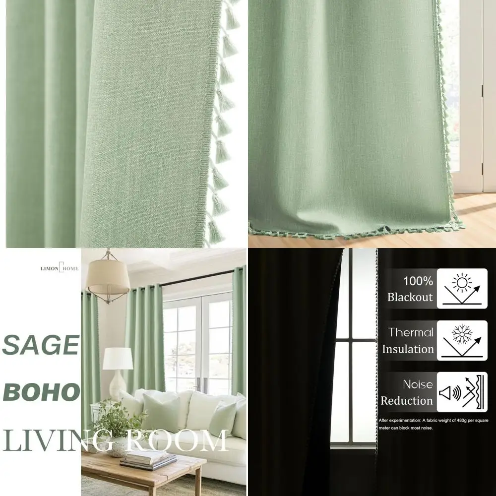 

Sage Green Light-Blocking Curtains with Tassels, 52W x 84L, Thermal Insulated, Soundproof Grommet Drapes for Living Room