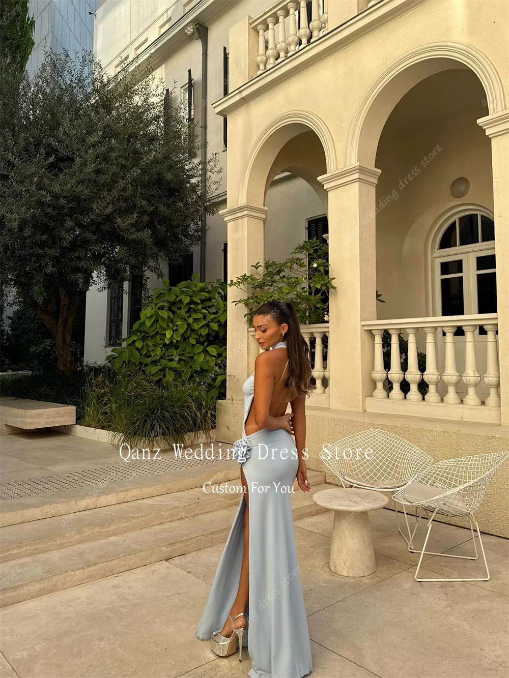 فساتين حفلات حورية البحر المثيرة من Qanz باللون الأزرق السماوي من الساتان بفتحة عالية الساق بدون ظهر مناسبة خاصة للنساء حسب الطلب