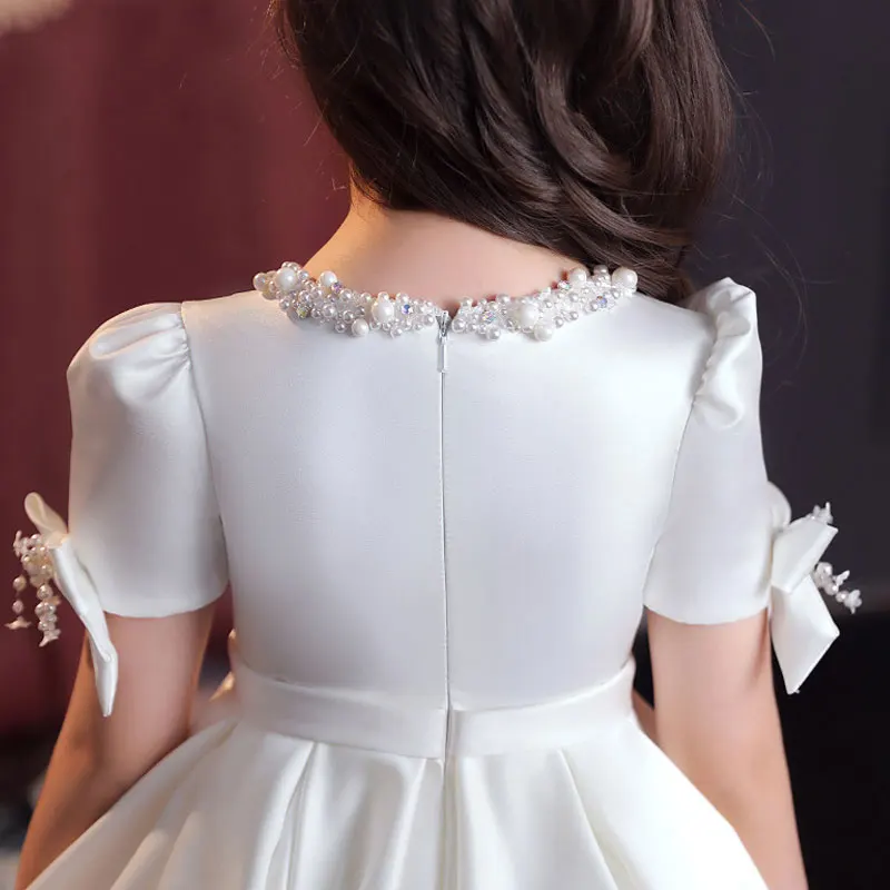 Little Girls White CeremonY Communion Dress Kids Birthday Party Ball Gown Girls School Piano Performance Dresses Fromal Beaded