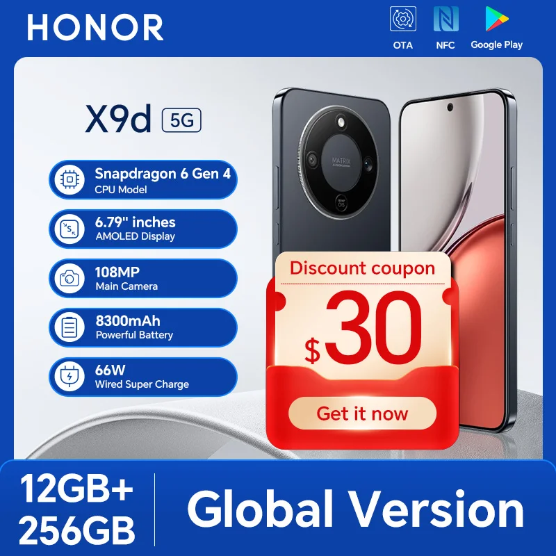 الإصدار العالمي HONOR X9d 12GB + 256GB 6.79 بوصة 120 هرتز شاشة AMOLED كاميرا رئيسية 108 ميجابكسل 8300 مللي أمبير 66 وات شحن فائق ثنائي الشريحة أندرويد 15