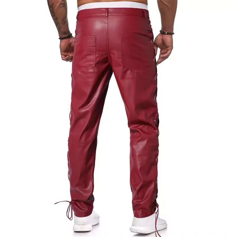 2024 Fashion High Street Male Hot Loose Faux Leather  Pants Unique Design Tied Casual Trousers