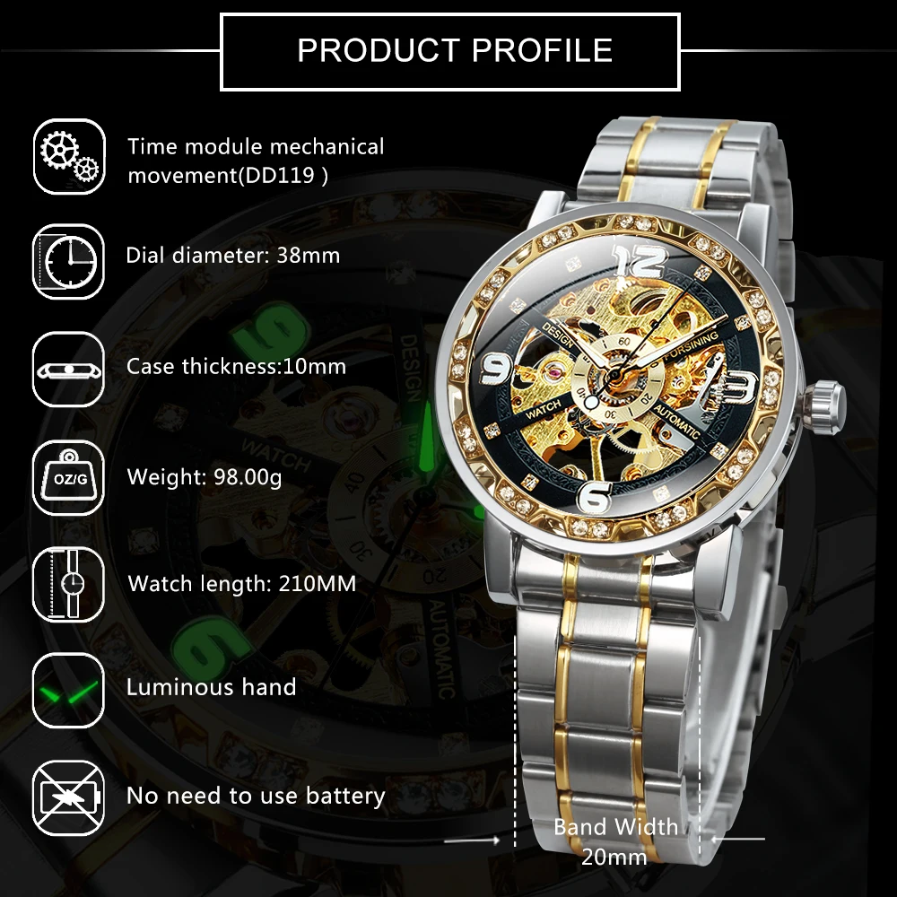 Forsining الساعات الميكانيكية الفاخرة مضيئة الأيدي الرجعية الذهب الهيكل العظمي ساعة للرجال الفولاذ المقاوم للصدأ حزام الأعمال ساعات المعصم