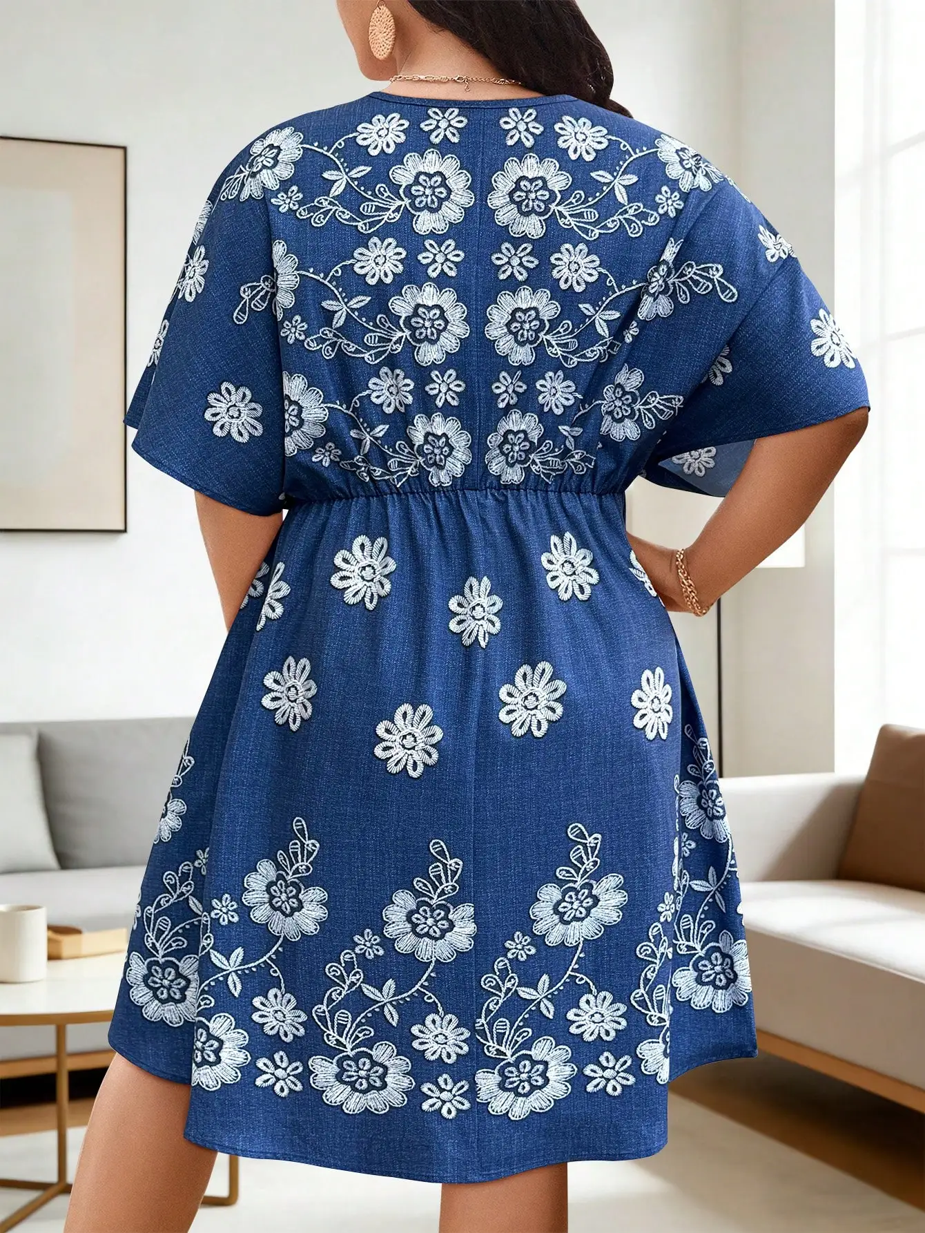 

Plus Size Women's Embroidered Floral Short Sleeve V-Neck A-Line Dress Casual Summer Boho Beach Cover Up