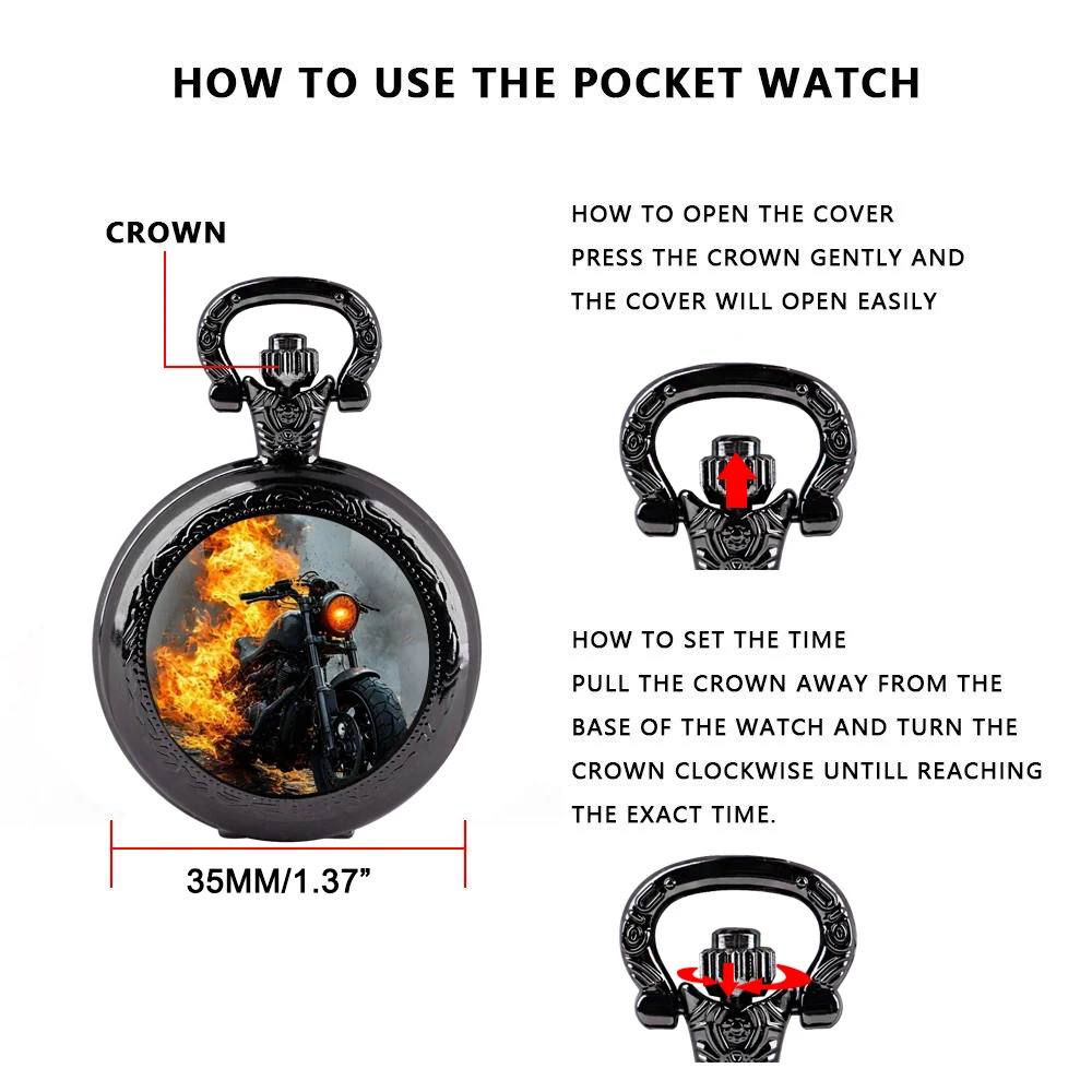 Vintage Cool Motorcycle Graphic Quartz Pocket Watch, Necklace Pendant with World Time Feature, Ideal Gift for Men Women and Kids