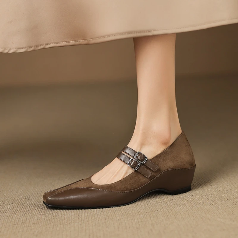 NEW Spring/Autumn Women Pumps Sheep Suede Leather Shoes for Women Square Toe Chunky Heel Shoes Shallow Buckle Strap Daily Shoes