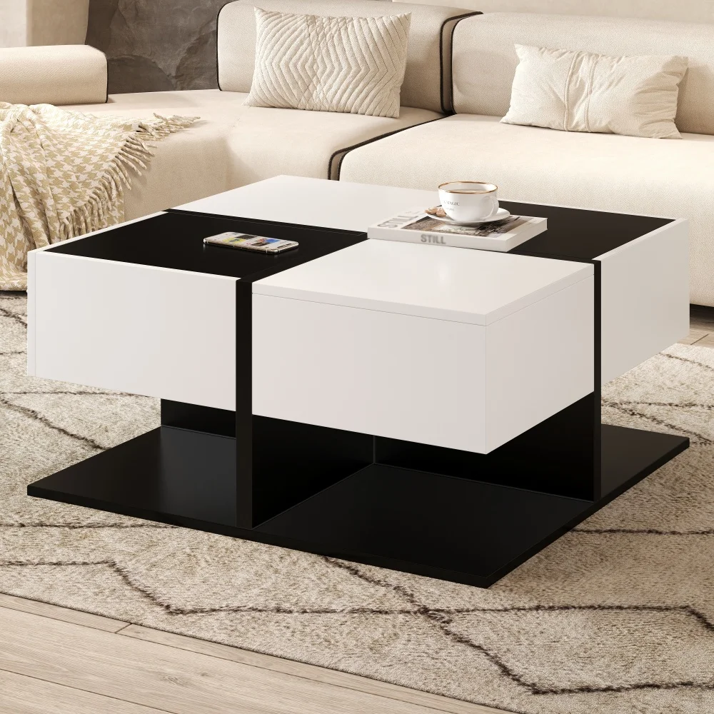 Moderner quadratischer Couchtisch in Schwarz und Weiß mit Stauraum und Schubladenschienen, 70 x 70 x 35,5 cm – Detail 9