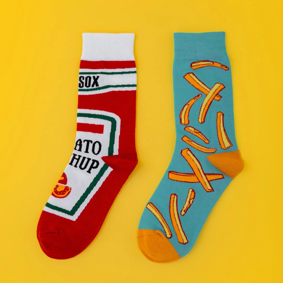 American Retro Tomato Sauce Fries Color-Block Mid-Calf Socks Street Style, Cotton Comfort, Year-Round Wear view 4