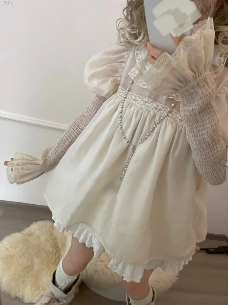 White Japanese Kawaii Lolita Blouse Women Peter Pan Collar Sweet Elegant Blouse Female Long Sleeve Lace Y2k Vintage Blouse 2024