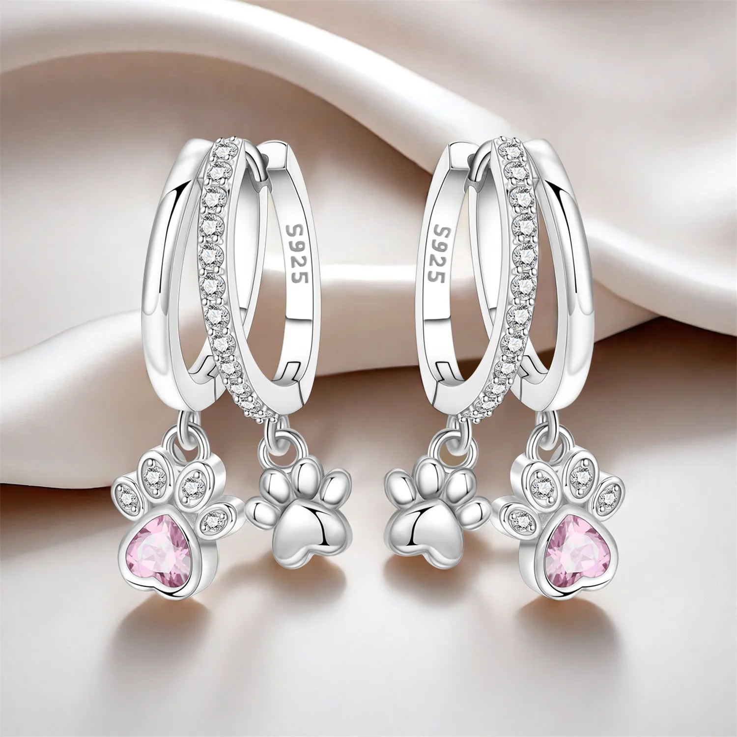 Orstarry 925 Sterling Silver Double Layer Pet Paw Print Drop Earrings Women Earrings Charm Fashion Versatile Party Jewelry Gifts