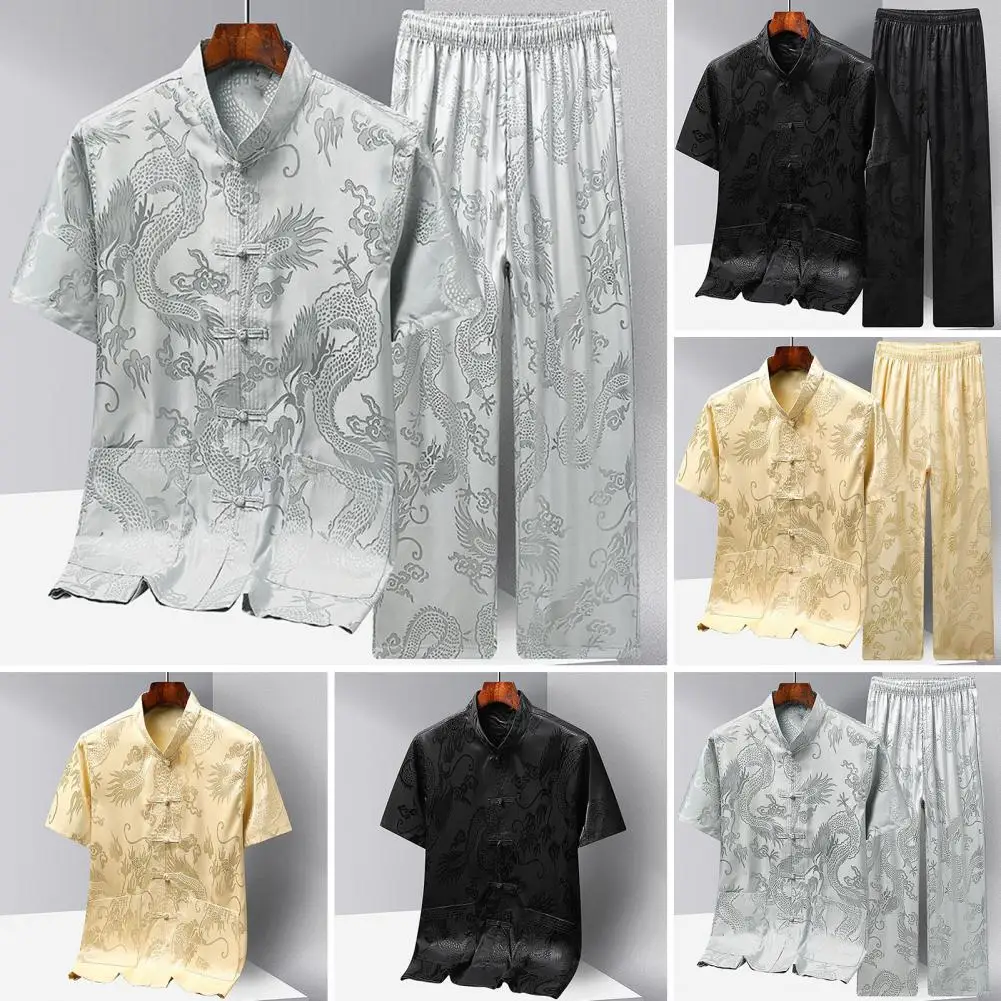 2Pcs/Set Men Tang Suit Stand Collar Short Sleeve Pockets Shirt Pants Elastic Waist Long Pants Chinese Style Dragon Print Outfit