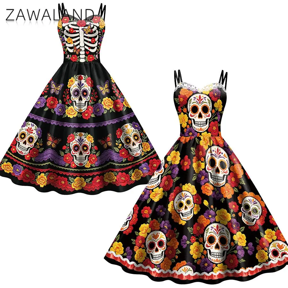 Halloween Dia De Los Muertos Blumen-Totenkopf-Kleid Zucker-Totenkopf-Druck Kleider Mexikanisches Festival Bar-Nacht Gruppen-Cosplay Verkleidung