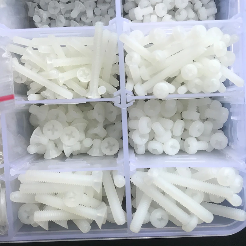 1275pcs White Nylon Screw Nut Washer Set M2 M2.5 M3 M4 M5 M6 Nylon Countersunk Round Head Cross Screw Plastic Phillips Flat Head