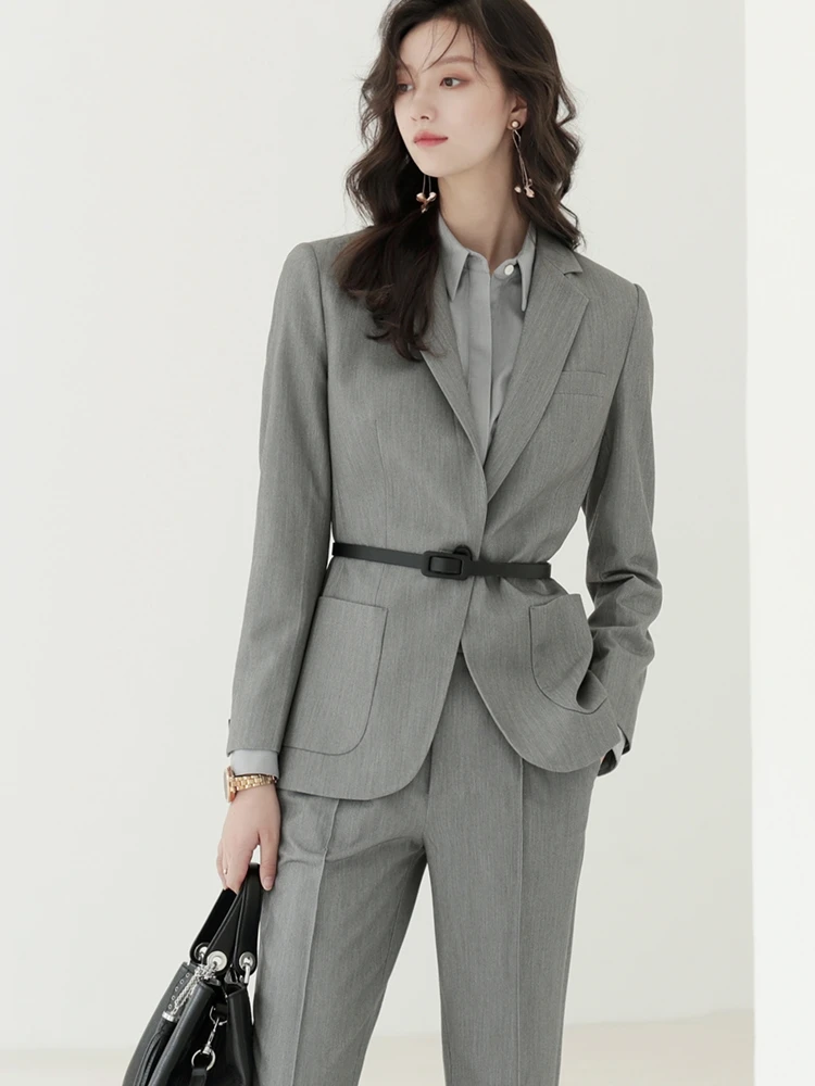 

OffiY ey Belted Busin Suit Women's Commuter Sle Slim Fit Formal Coat for Government Officials Long Sve Pure Color