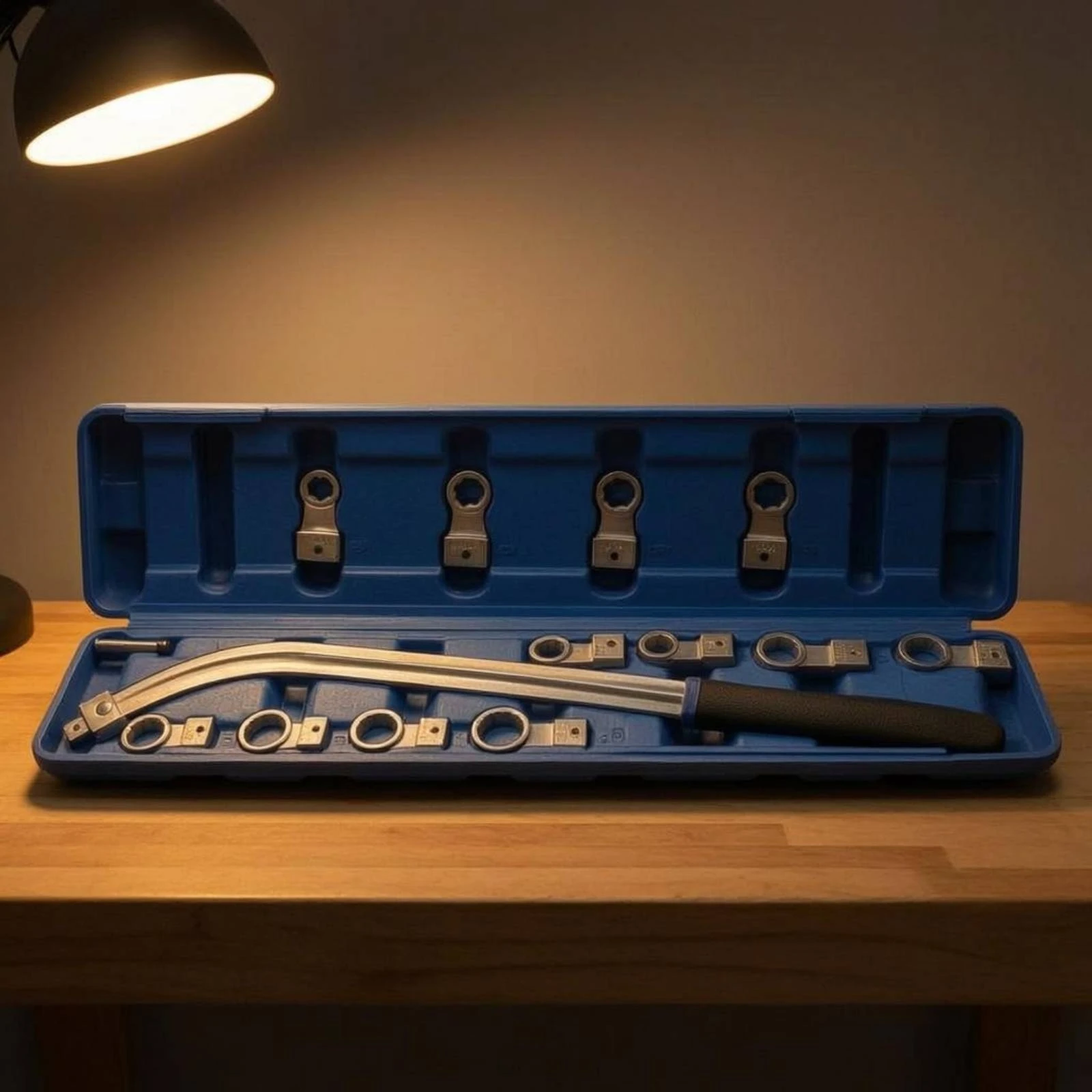 

15 Piece Curved Handle Wrench Kit Socket Head Tool Set Molded Storage Case for Car Repair and Belt Tightening