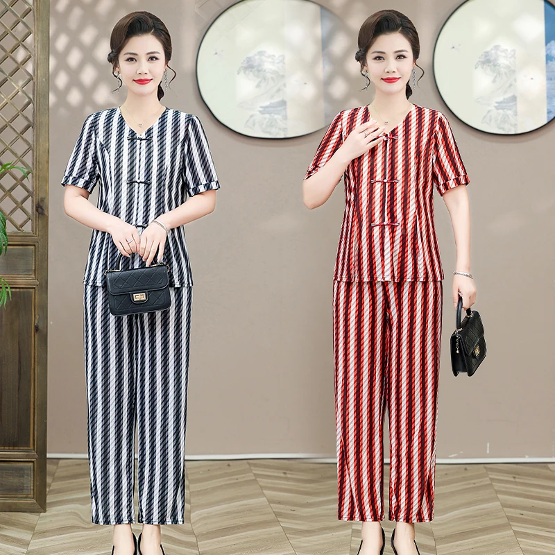 

Trendy Striped T-shirt+pants Set For Women's Summer Cool Clothing, Plus Size Comfortable Women's Two-piece Set Buttons